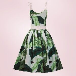 Collectif Green Leaf Print Dress with White Belt
